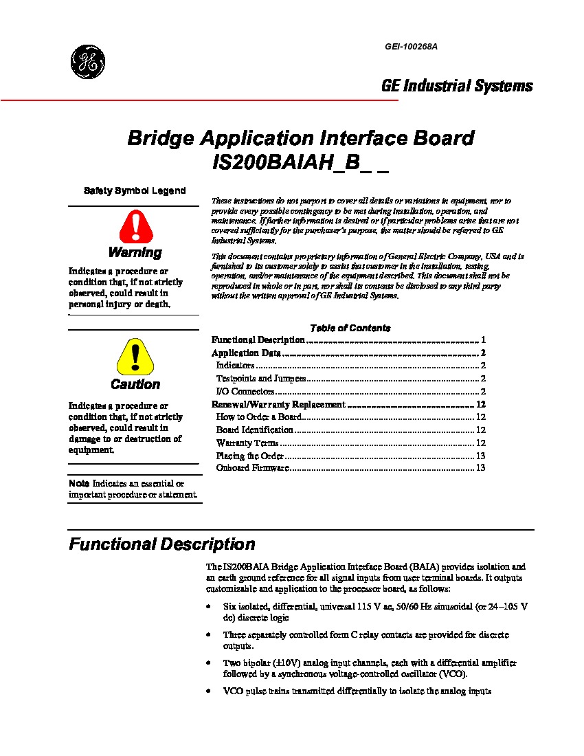 First Page Image of GEI-100268 IS200BAIAH1BDC Bridge Application Interface Board Intro and  Application Data.pdf